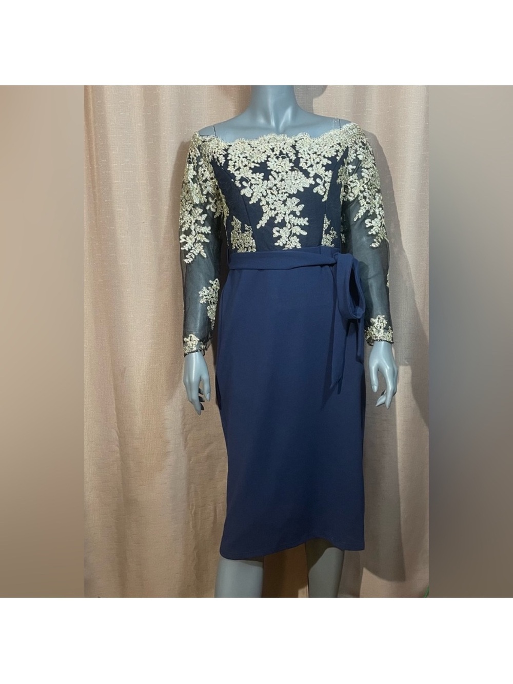 JJs House M Navy Formal Off Shoulder Midi Dress with Embroidered Gold Lace EUC